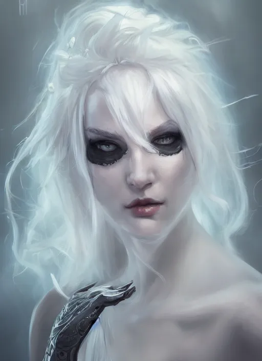 Prompt: a highly detailed illustration of white haired pale lady wearing big black blindfold, dramatic standing pose, intricate, elegant, highly detailed, centered, digital painting, artstation, concept art, smooth, sharp focus, league of legends concept art, wlop