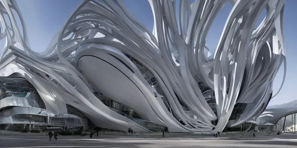 Image similar to extremely detailed ornate stunning beautiful elegant futuristic museum exterior by Zaha Hadid