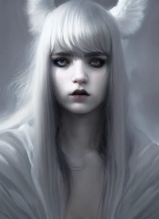 Image similar to portrait of white teenage girl, normal face, white bangs, mall goth, cyberlox, black and white hair, bangs, fluffy bangs, intricate, elegant, highly detailed, digital painting, artstation, concept art, sharp focus, smooth, illustration, art by wlop, mars ravelo and greg rutkowski