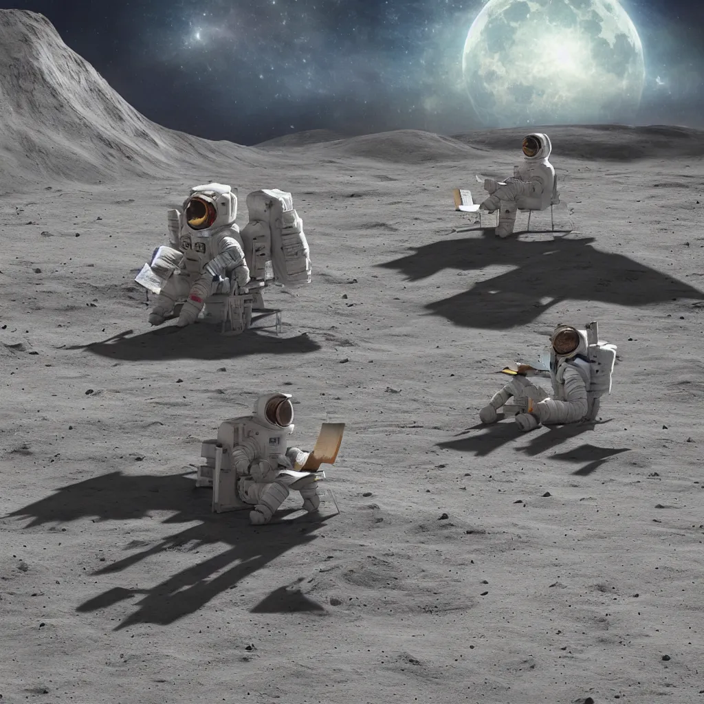 Image similar to hyper realistic matte painting of astronaut on the moon sitting on concrete bench, reading book facing planet earth above horizon, back lighting, highly detailed, trending on artstation, concept art, sharp focus, art by jan matejko