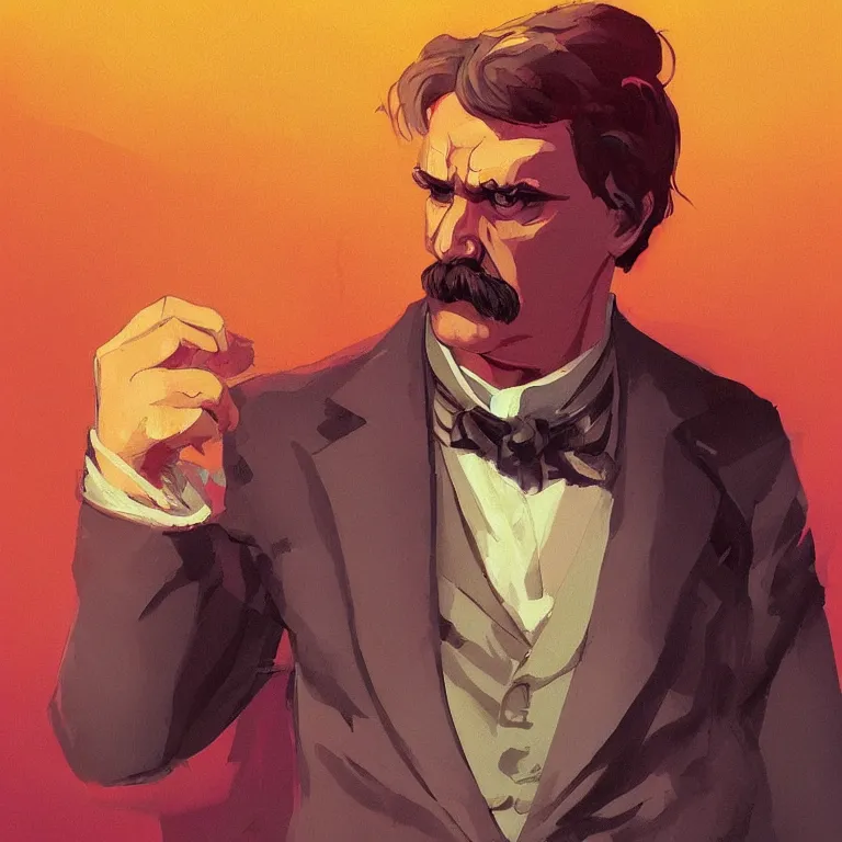 Image similar to Stunning Portrait of Friedrich Nietzsche in his Suit, chiseled Jawline and serious Look, in the Style of Artgerm and Ross Draws and Mike Mignola and Atey Ghailan, neon rim light, hard shadows, colorful, plain background, trending on artstation