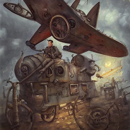 Prompt: wwii, steampunk, oil painting. by tony sandoval