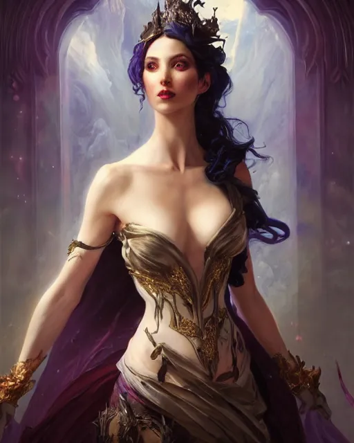 Prompt: daniel gerhartz and artgerm detailed portrait digital rococo painting of a beautiful villainess wearing fantasy clothing like liliana vess, hellscape in the background, embers, unreal engine, hyper realism, realistic shading, cinematic composition, blender render, octane render, hdr, detailed textures, photorealistic, ultrawide shot, 3 5 mm film