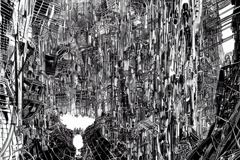 Prompt: vast technological world, gigantic megastructure, haphazard architecture, largely devoid of life, by Tsutomu Nihei