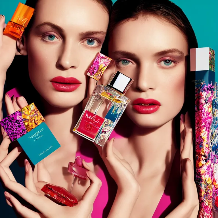 Image similar to portrait fragrance packshot by martin parr, highly detailed, saturated colors, fashion