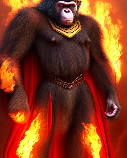 Image similar to fury art, an anthro ape wearing a large cape and a fantasy armor, fire, ice, fiery background, 3 d, 8 k, extremely detailed, trending on furaffinity, trending on artstation, award winning, sharp focus, illustration