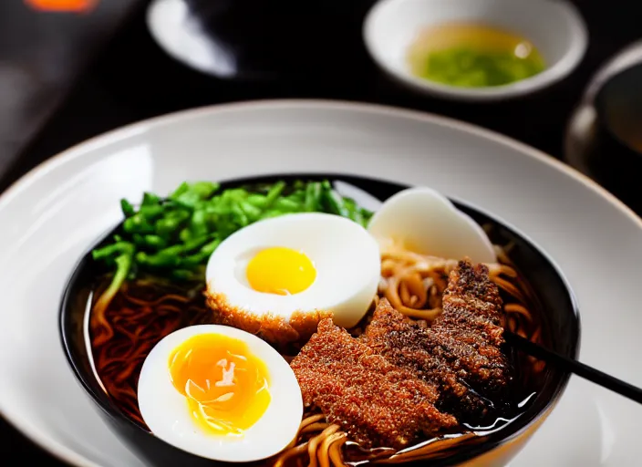 Image similar to dslr food photograph of tankatsu black ramen with a soft boiled egg, 8 5 mm f 1. 8