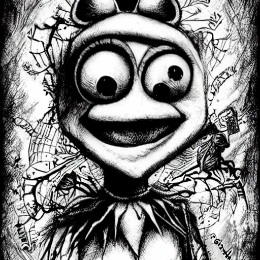 Image similar to michael karcz punk grunge cartoon drawing of kermit the frog. , in the style of corpse bride, loony toons style, horror themed, detailed, elegant, intricate