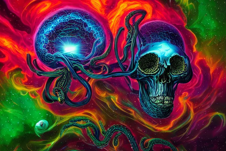 Image similar to a giant skull with lovecraftian tentacles emerging from a space nebula by dan mumford, digital art, photorealistic, vivid colors, highly detailed, intricate