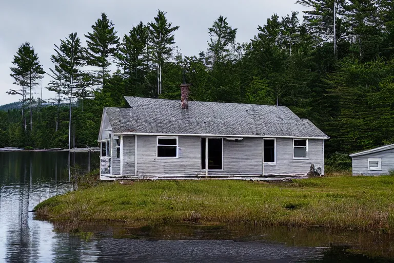 Image similar to a solitary 1 9 6 0 s bungalow style cottage [ heavily damaged with age ] on raven lake, near the outskirts of halifax, ns. hd photography, realistic, inspired by gregory crewdson.