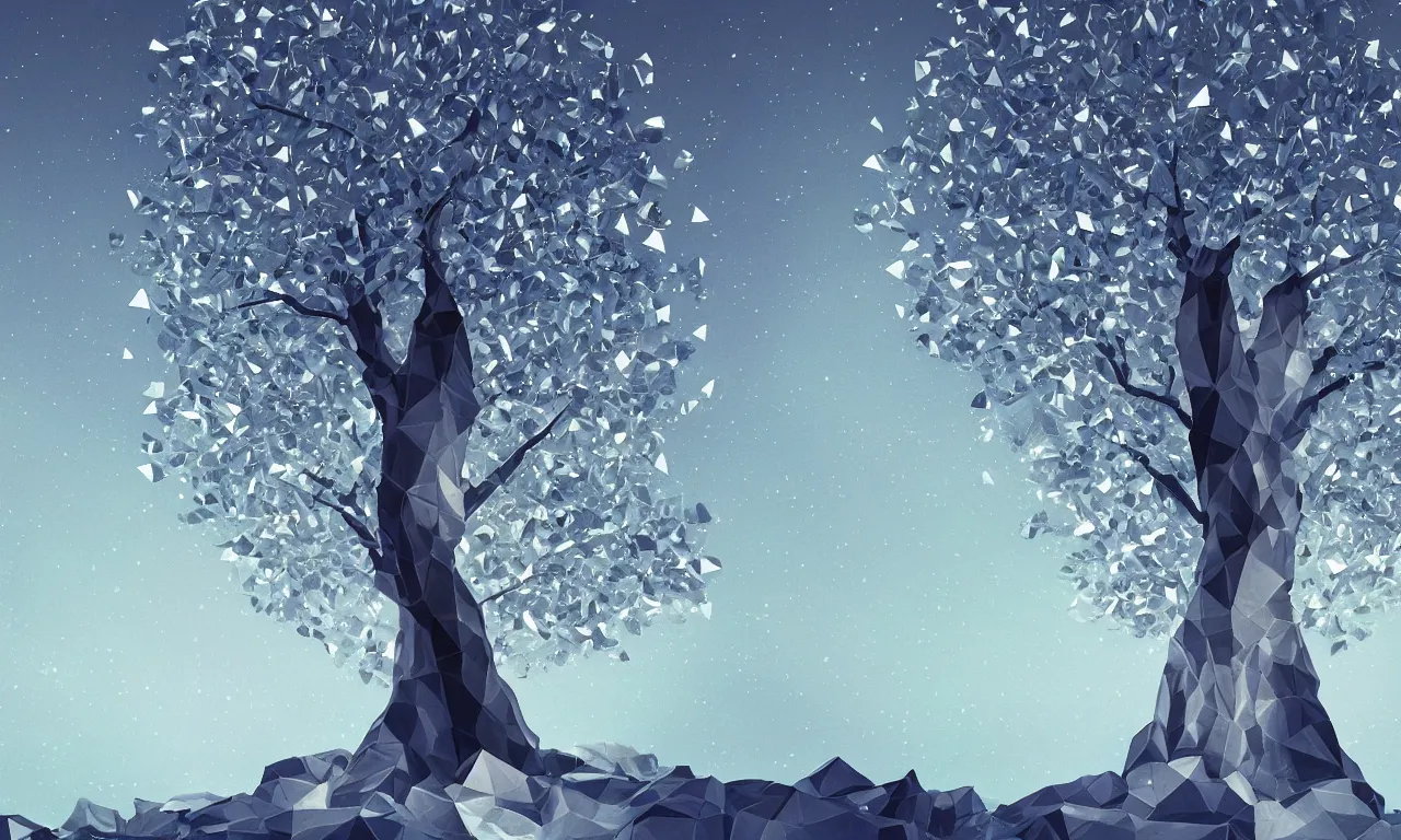 Image similar to a beautiful artwork of a tree with low poly crystal diamond leaves, night sky, translucid, pretty lights, pristine marble trunk, elegant, highly detailed, artstation, concept art, matte, sharp focus, art by artstation, pixiv