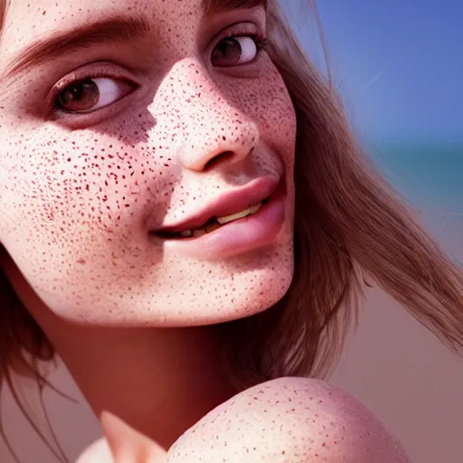 Image similar to portrait of a cute thin young woman, red blush, cute freckles, smug smile, modern clothes, relaxing on the beach, golden hour, close up shot, 8 k, art by irakli nadar, hyperrealism, hyperdetailed, ultra realistic