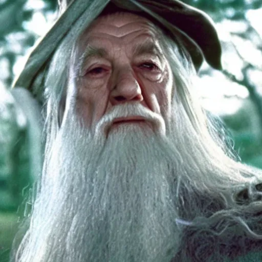 Prompt: gandalf with a pink bowtie on his head, showing a blank playing card, movie still from the lord of the rings