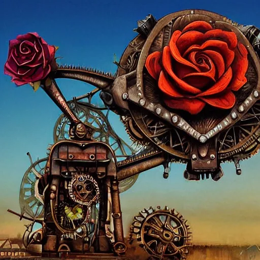 Image similar to giant mechanical rose, steampunk, fantasy art, sky