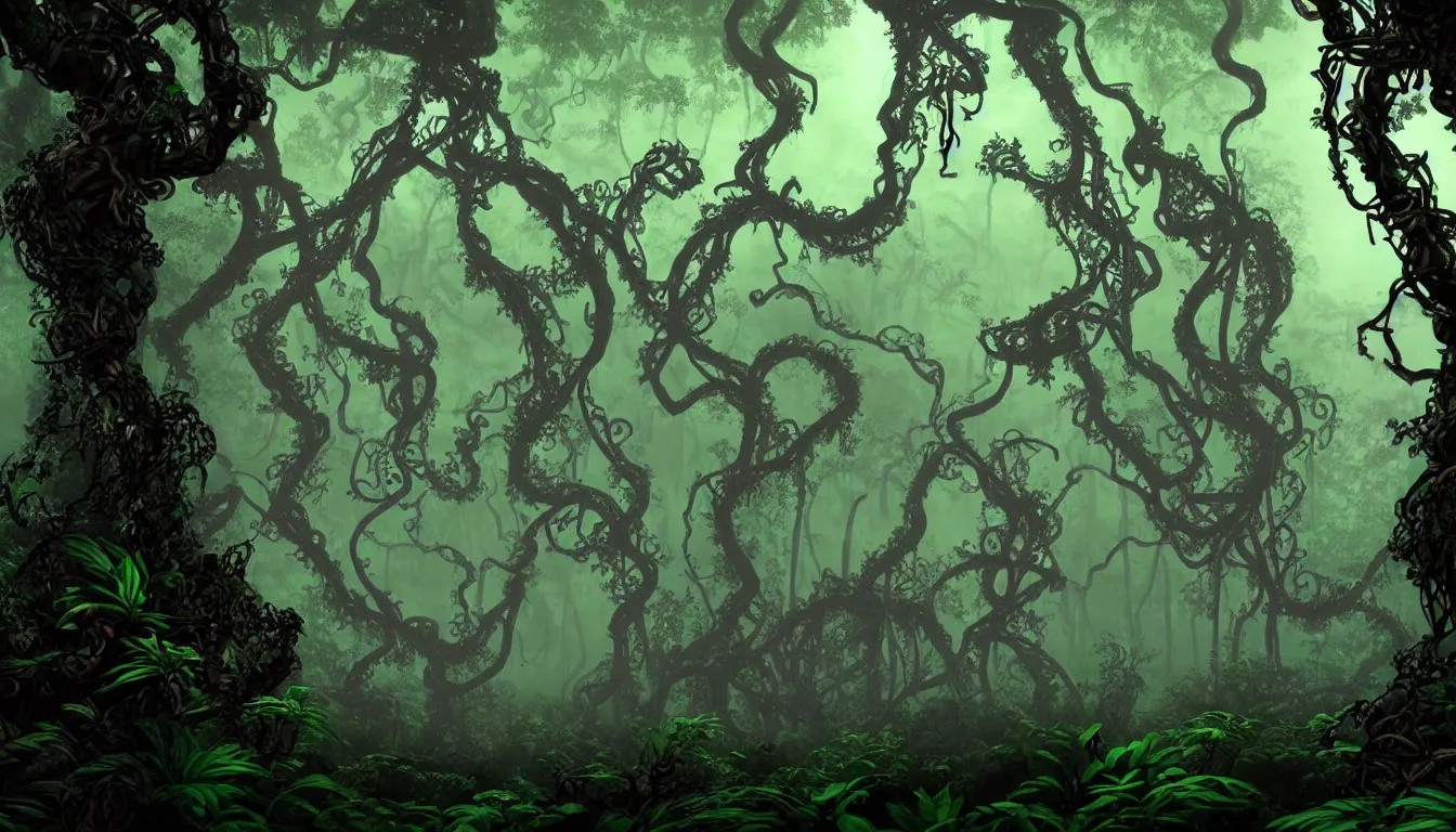 Image similar to eerie and dark deep mayan jungle forest realm biodiversity , side-scrolling 2d platformer game level, swirling clouds of magical fog through the trees, web of vines, ancient temple gigantic statue guardians in ruins in the background between the tree trunks, dramatic dusk sun illuminates areas, volumetric light , detailed entangled roots carpet the forest floor, rich color, upscale , 8k