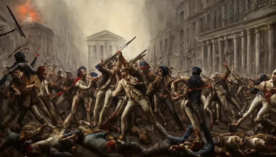 Image similar to Zombie attack during the French Revolution in 1789, hyperdetailed, artstation, cgsociety, 8k