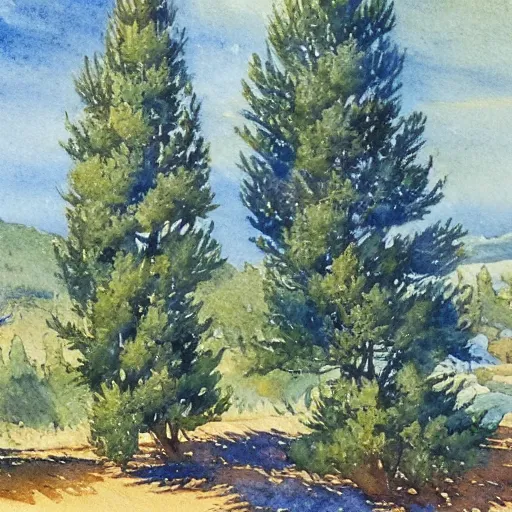 Prompt: Jean PESKÉ (1870-1949) Magnificent watercolour depicting two large pine trees in front of a Provencal Mas, watercolour, 4k high Detail, Expressionism