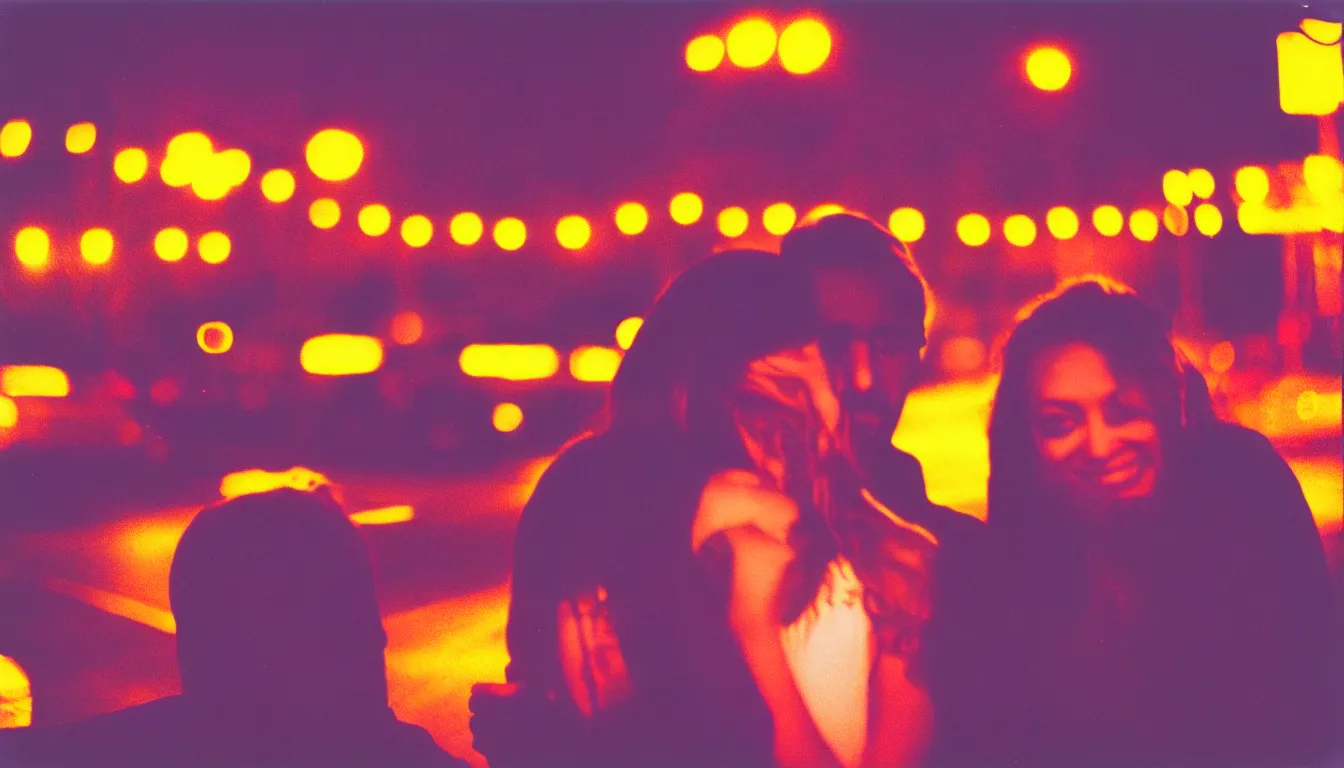 Image similar to colorful instant photograph of a beautiful couple in a city at night, polaroid, light leak, raw, nostalgic