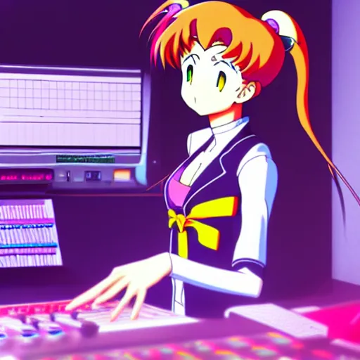 Image similar to An anime character working in their music studio. 90s anime, Sailor Moon, Neon Genesis, official art, flat cell shading, fantastic screenshot art, trending on artstation