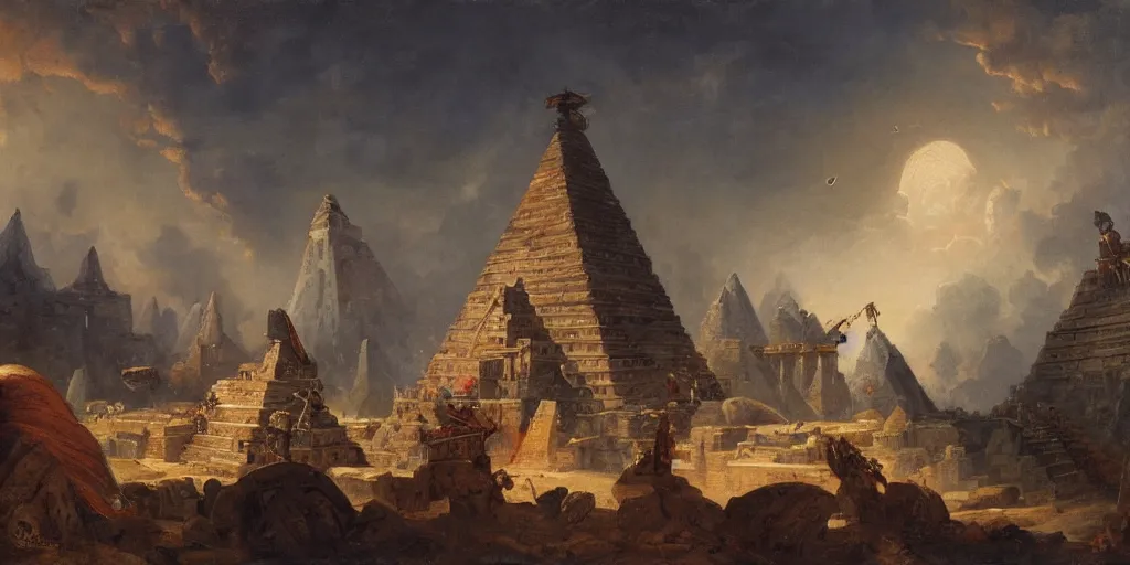 Prompt: hubert robert simonetti rutkowski epic painting aztec warrior watching spaceship starship in the sky, background is mesoamerican pyramid