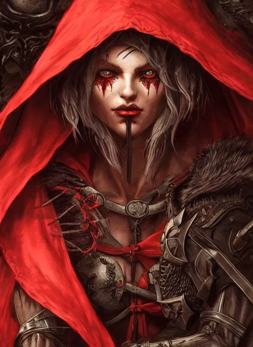 Image similar to digital _ picture _ little red riding hood, the wolf slayer _ filipe _ poles _ and _ justin _ gerard _ symmetrical _ fantasy _ very _ detailed _ realistic _ complex _ clear focus