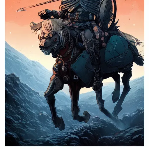 Image similar to cell shaded cartoon, a portrait of a warrior on a horse wearing ridiculously large black armor, illustration, wide shot, subtle colors, concept art by josan gonzales and wlop, laurie greasley, jordan grimmer and james jean, highly detailed, sharp focus, trending on artstation, hq, deviantart, art by artgem