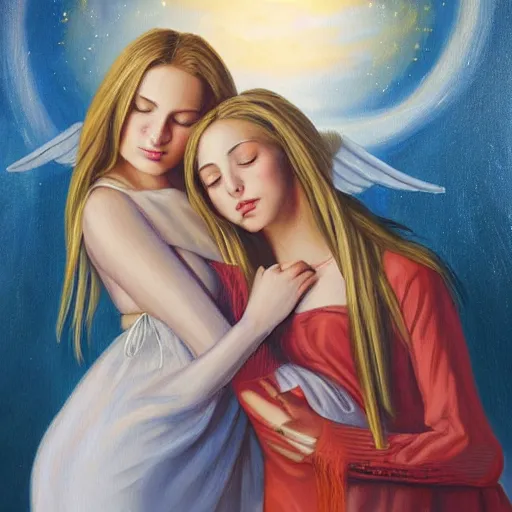 Prompt: a painting two young women best friends in their twenties hugging, they are both beautiful with long blond hair, one of the girls has a halo above her head and angel wings, highly detailed, digital art