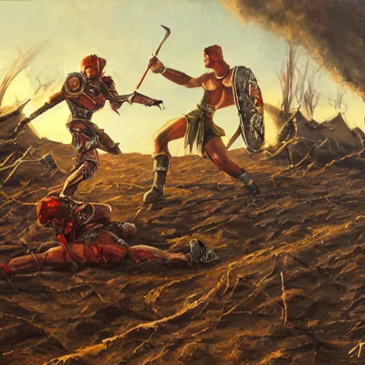 Image similar to Oil painting of an apocalyptic gladiator duel, sci-fi, wasteland