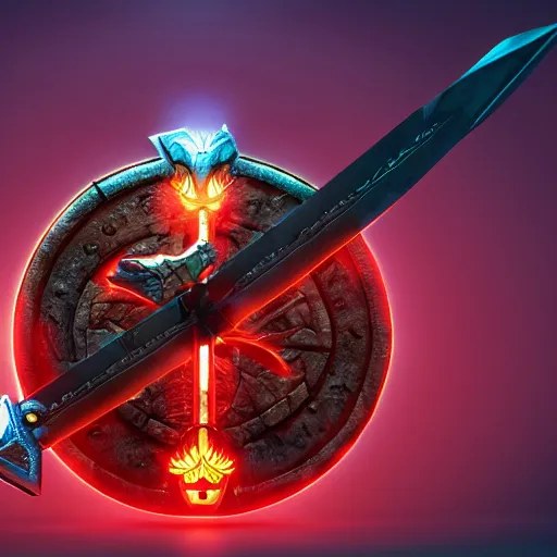 Image similar to game - icon of sword and axe crossed on a prism, red powerful fantasy epic legends, game icon stylized, digital illustration radiating, a glowing aura, global illumination, ray tracing, 8 k high definition, intricate details, octane render, unreal engine, trending on arstation