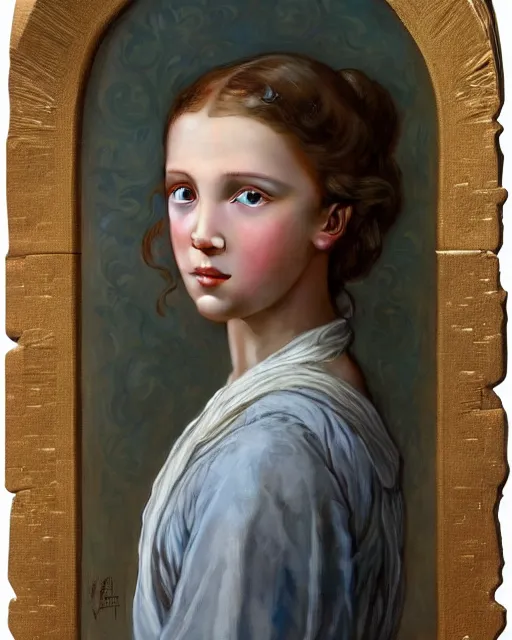 Image similar to a window - lit realistic portrait painting of a thoughtful girl resembling a young, shy, redheaded alicia vikander or millie bobby brown as an ornately dressed princess from the latest star wars movie, highly detailed, intricate, by bouguereau, alphonse mucha, and donato giancola