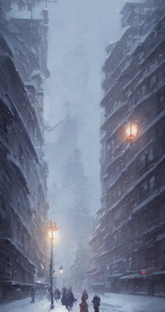 Prompt: A snowy day in the city, by Studio Ghibli and Greg Rutkowski, artstation