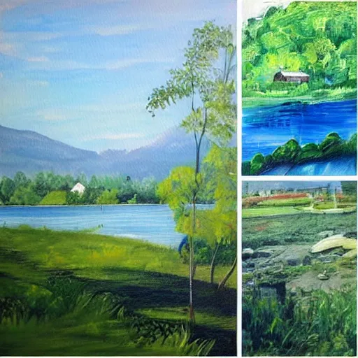 Prompt: “ a painting of a cottage on the lakeside forest in background, 4 images’”