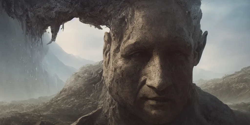 Prompt: a film still of oblivion by james paick, massive godlike statuette of a face half buried in the landscape, cinematic, film art of character design, matte painting, vibrant, 5 0 mm lens, behance hd, sunrise, dramatic lighting, cinematic, global illumination, deviant art, trending on artstation, bloom