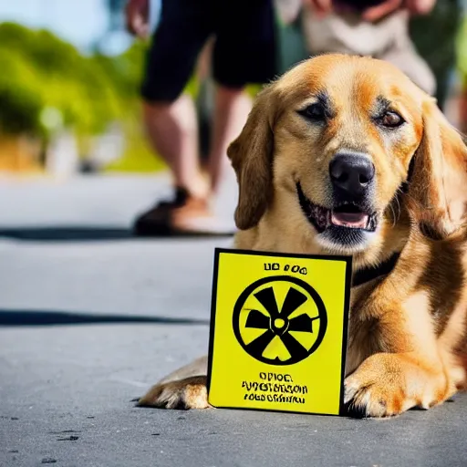 Prompt: professional photo of a dog holding a sign with a nuclear radiation warning on it skull and crossbones yellow three triangles