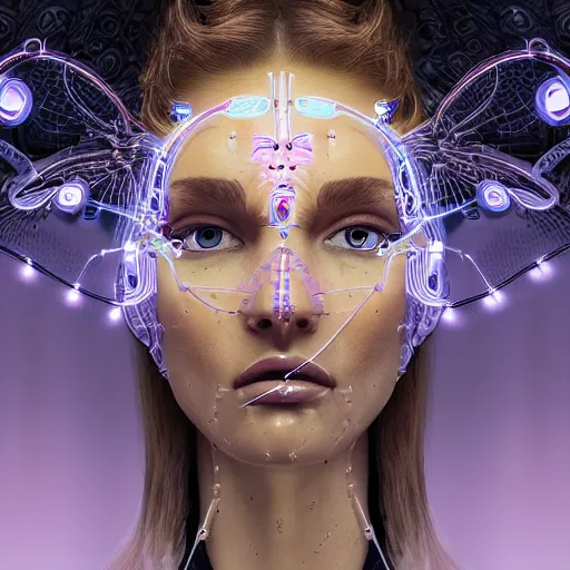 Prompt: very beautiful woman integrating with technology, full face frontal centered, portrait, insipiring, detailed intricate symmetrical ornate neon cables connected to head, very detailed eyes, luxurious detailed abundent wiring and implants, golen porcelain, renaissance, sci - fi, detailed technology background with cyber flowers and insects, dramatic lighting, photography, highly detailed, artstation, 8 k,