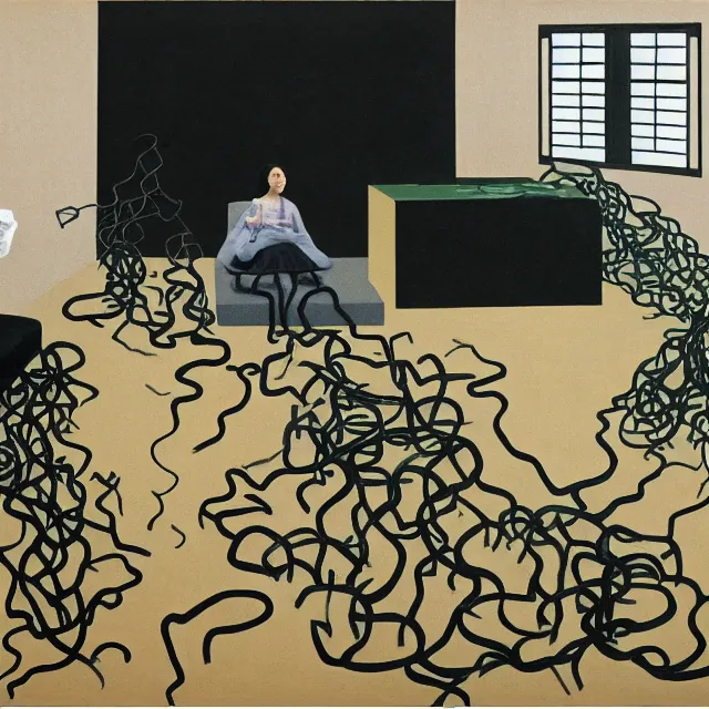 Image similar to a female pathology student in her apartment, wrapped in vines, medical equipment, stepping stones, octopus, pig, black walls, ikebana, black armchair, sculpture, acrylic on canvas, surrealist, by magritte and monet