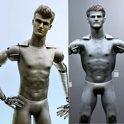 Image similar to a realistic detailed photo of a guy who is an attractive humanoid who is half robot and half humanoid, who is a male android, soccer player timo werner, shiny skin, posing like a statue, blank stare, by the pool, on display, showing off his muscles, humanoid robot, frozen ice statue, made of ice