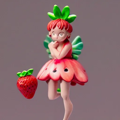 Prompt: a femo figurine of a cute funny strawberry fairy