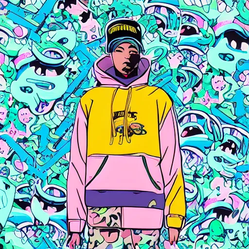 Prompt: streetwear fashion influencer character illustration pastel colors hypebeast bape anime style
