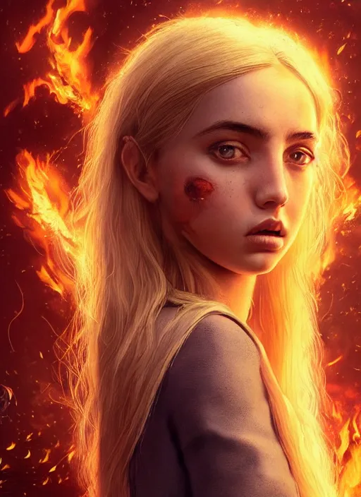 Image similar to blond girl hell spawn surrounded by fire tornadoes, flawless symmetrical pretty cute face, ana de armas, greg rutkowski, 8 k, shallow depth of field, intricate detail, concept art,
