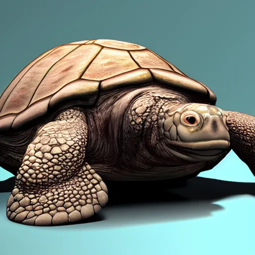 Prompt: Hyperrealistic uncanny valley Turtle in the style of Unreal Engine, hard surface, textured, slimy