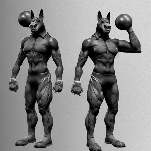 Image similar to a humanoid german shepherd beast - man, wearing gym suit, trains in the gym, artstation, concept art, smooth, sharp foccus ilustration, artstation