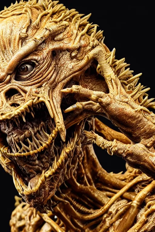 Image similar to photo taken of an epic intricate, ultra detailed, super realistic gritty, lifelike sculpture of a nightmarish hellish alien ghoulish creature created by weta workshop, zoomed in shots, photorealistic, sharp focus, white wall coloured workshop, cold colour temperture, f 0. 4, face centred, golden ratio, golden hour