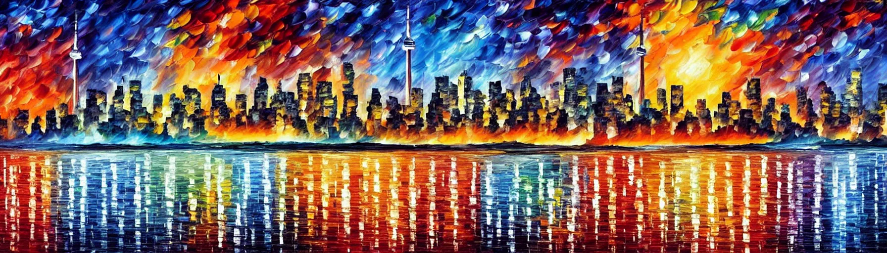 Image similar to landscape of Toronto skyline by Leonid Afremov, concept art, photo realistic, high resolution, contrast, colorful, no text