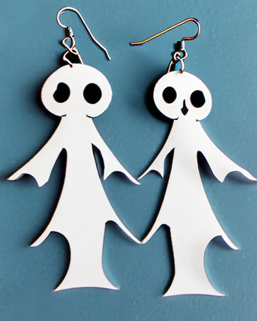 Prompt: spooky cartoon ghost, 2 d lasercut earrings, in the style of tim burton