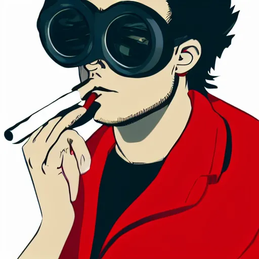 Image similar to young man in red jacket and white shirt, white hair, round goggles, smoking cigarette, character portrait, sharp focus, illustration