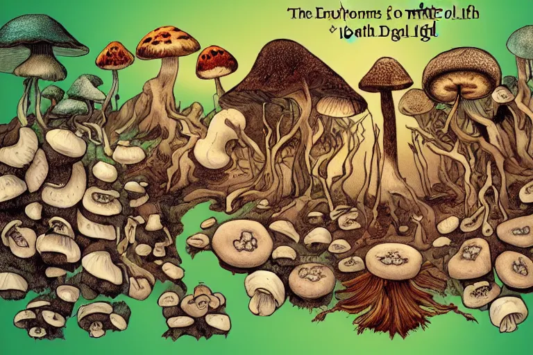 Prompt: the cycle of life shown through mushrooms, birth life aging death, love hate god devil, heaven hell,