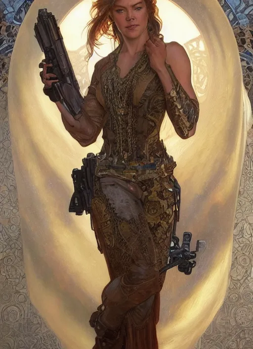 Prompt: Adrianne Palicki as a beautiful young woman holding a pistol, fantasy, intricate, elegant, highly detailed, centered, digital painting, artstation, concept art, smooth, sharp focus, illustration, art by artgerm and donato giancola and alphonse mucha