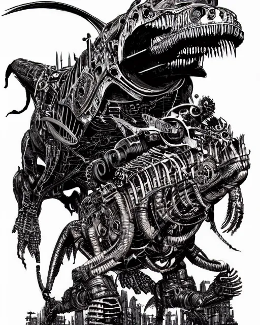 Image similar to a majestic steampunk cyborg t - rex, high details, bold line art, by vincent di fate and joe fenton, inking, etching, screen print, masterpiece, trending on artstation, sharp, high contrast, hyper - detailed,, hd, 4 k, 8 k