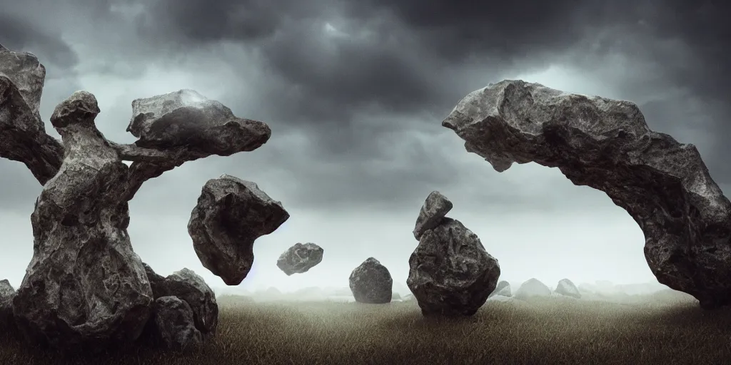 Image similar to photorealistic strange sculpture made of bird skulls. epic landscape, with ominous storm clouds, strange levitating stones, stones falling from the sky, a gentle rising mist. occult photorealism, uhd, amazing depth, glowing, golden ratio, 3 d octane cycle unreal engine 5, volumetric lighting, cinematic lighting, cgstation artstation concept art